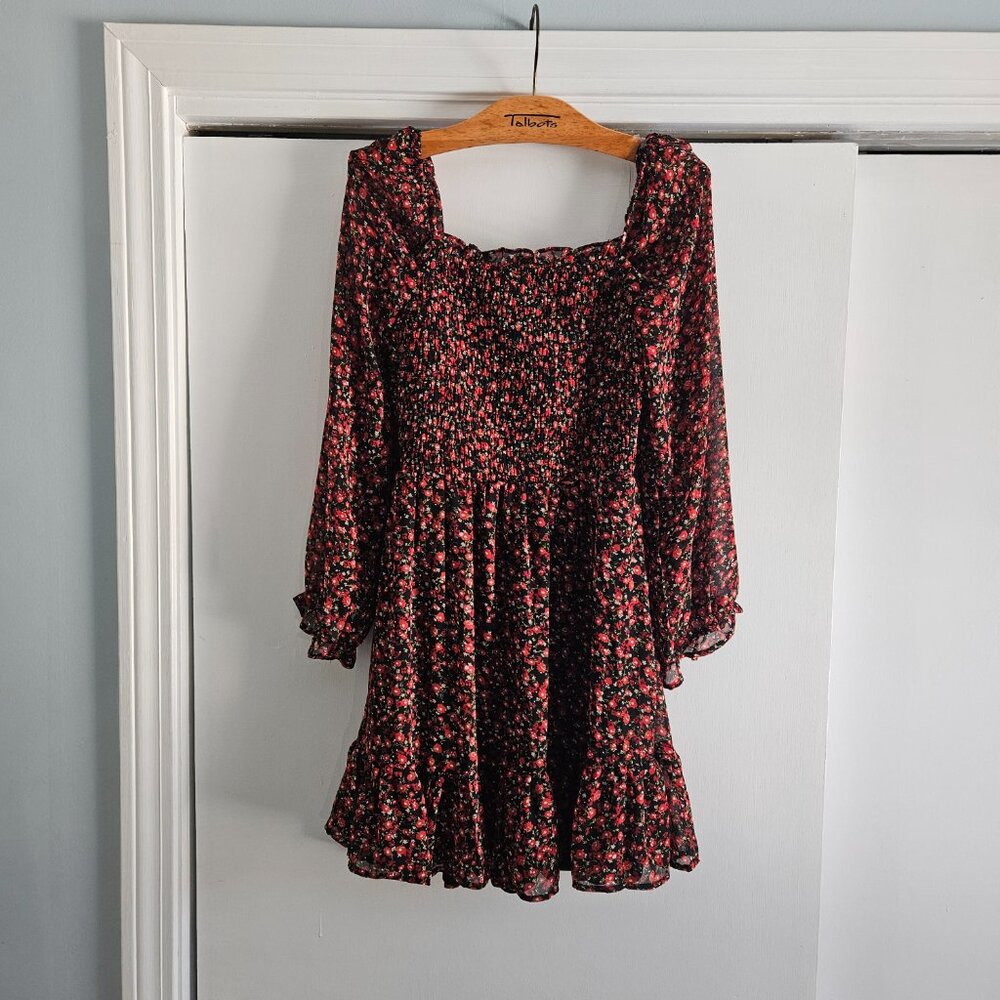 Lily Rose Smocked Black Red Floral Small Mini Dress - Picture 3 of 12